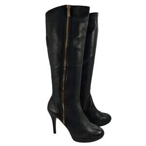 VINCE CAMUTO! BLACK GENUINE LEATHER, GOLD ZIPPER DETAIL STILETTO BOOTS! SZ 7.5M